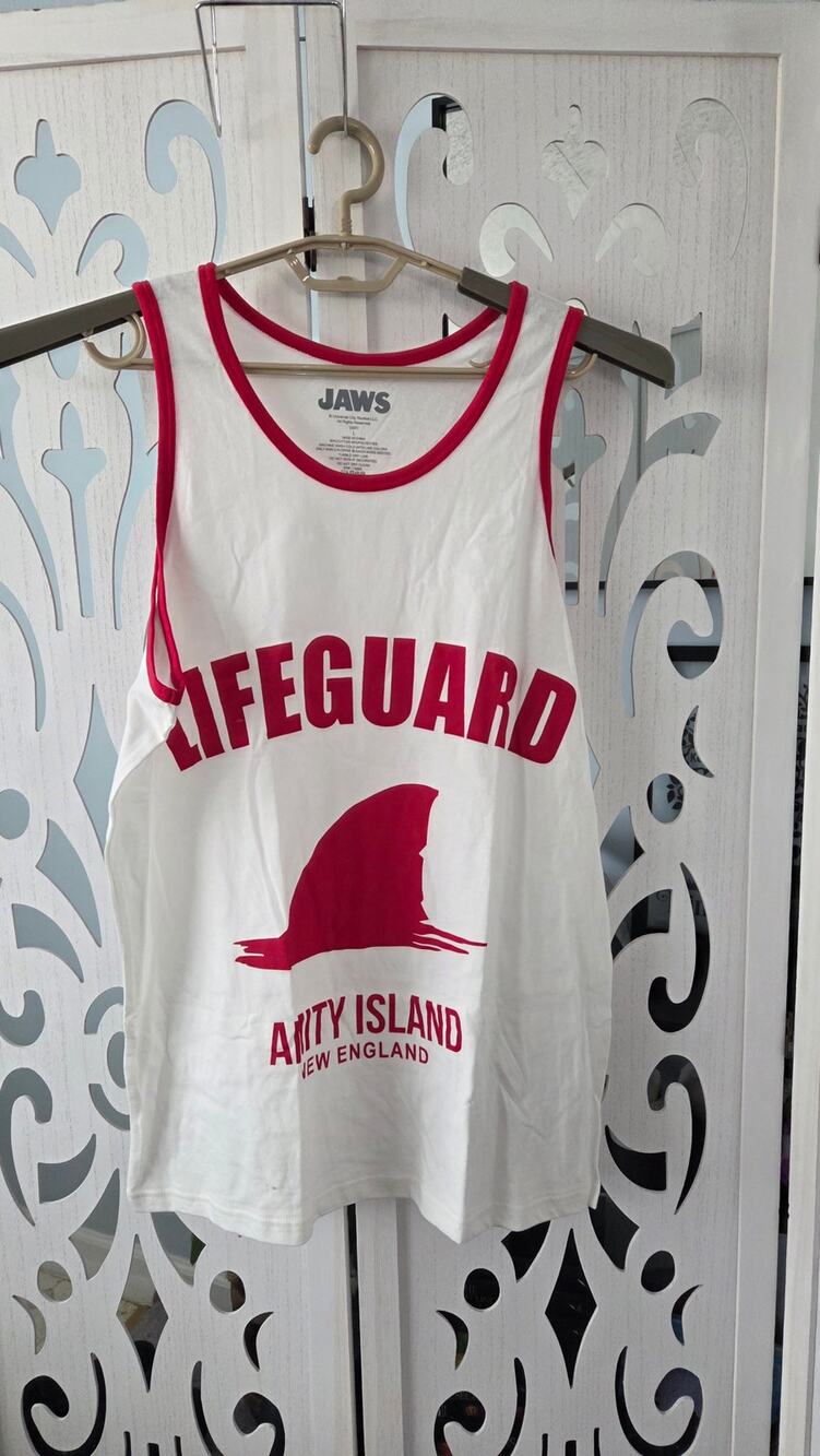 JAWS Amity Island Lifeguard Tank Top Men's Large Shark Movie White Red NWT